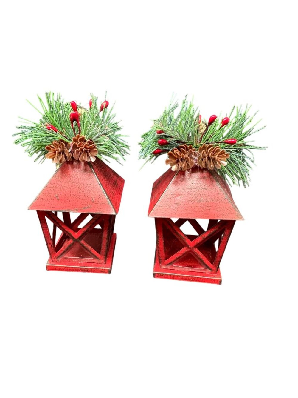 Rustic Red Christmas Lantern Set Metal Pinecone Berry Holiday Accents 5 In